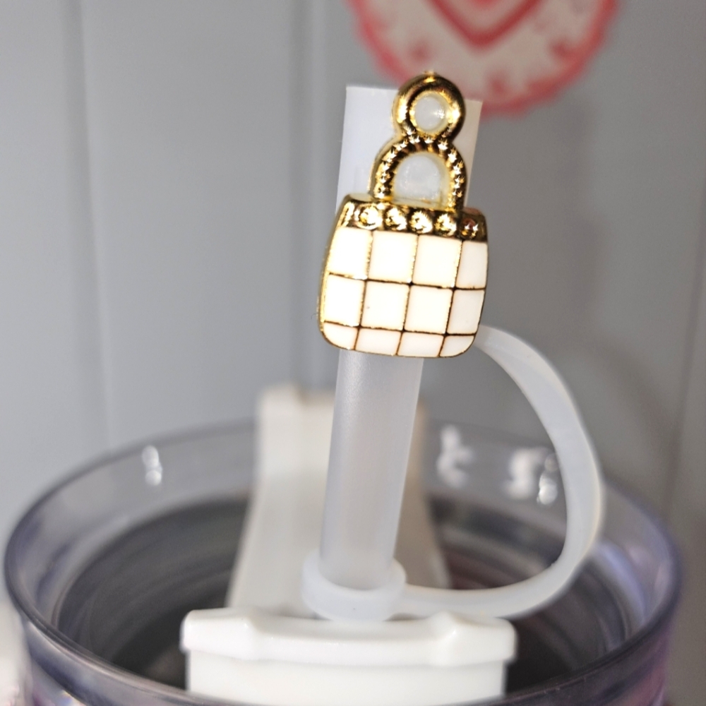 Gold and White Grid purse straw topper